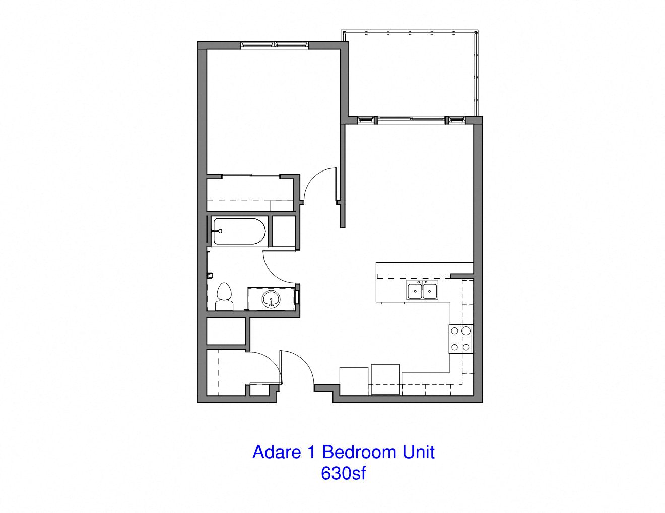 Floor plan for 1 bed, 1 bath, 630 sqft